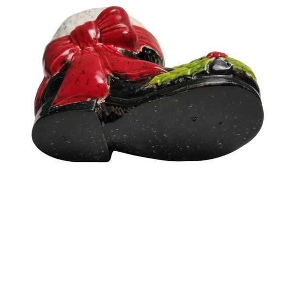 Ceramic Santa Claus Boot Black Christmas Vintage Holly Vase Planter Holiday Bow - Picture 10 of 14